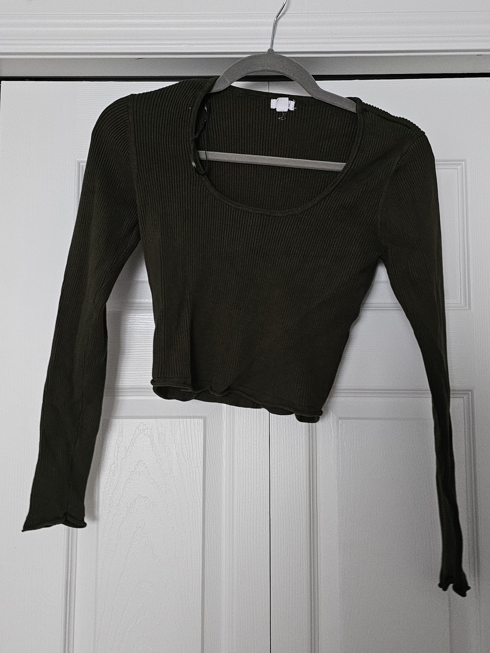 Garage Olive Ribbed Scoop-Neck Long Sleeve Top